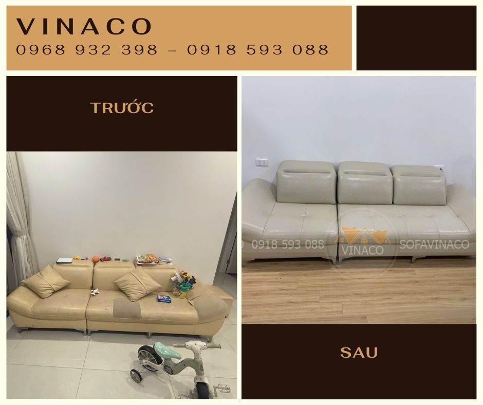 banner trước và sau khi bọc ghế sofa tại nhà của Vinaco